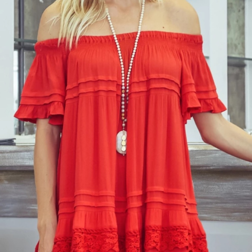 Red dress (on or off the shoulder)